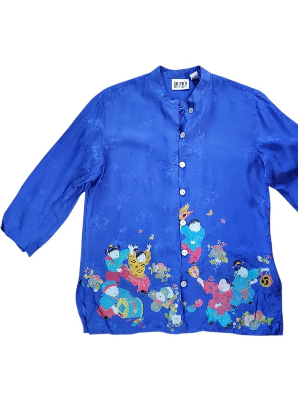 Chico's 100% Silk Women's Blue Button Down Blouse with Asian Inspired Print - 1